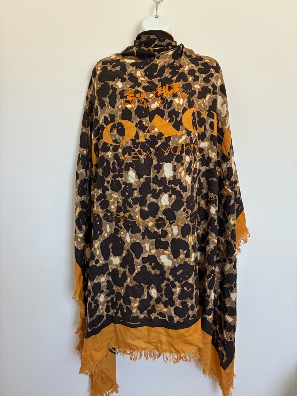 Coach wool lightweight large brown orange print scarf wrap NOTE Damage